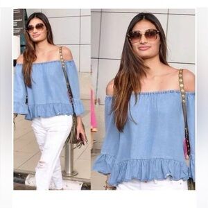 Zara off the shoulder top chambray ruffle top